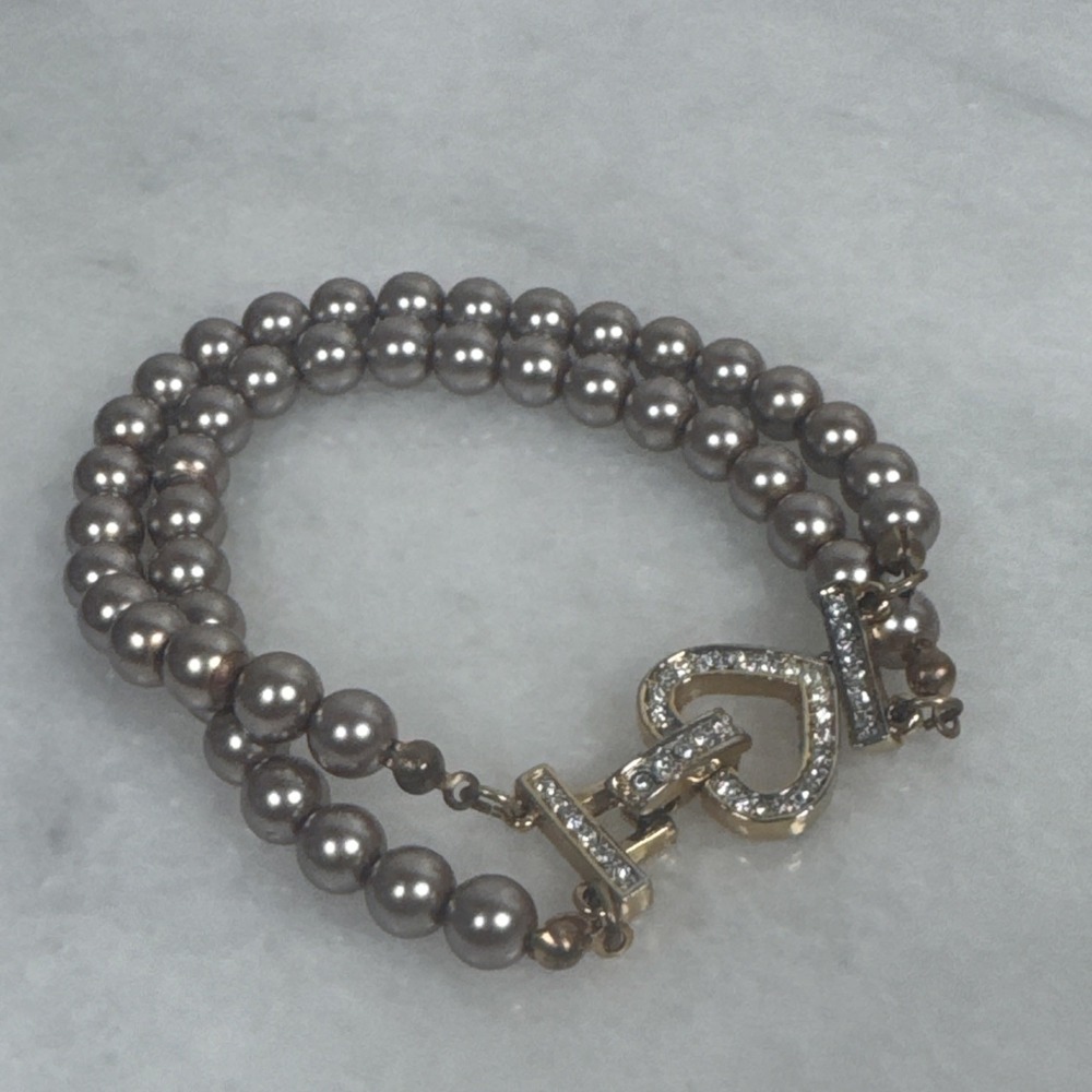 Double Strand Champagne Faux Pearl Bracelet Rhinestone Heart Foldover Clasp 7.5"
